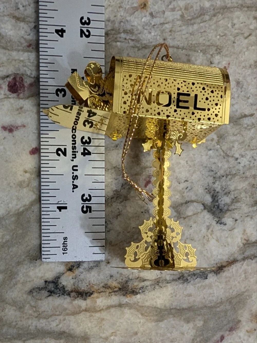 Vtg Christmas Ornament Gold Brass Metal Filigree Mailbox Shiny Santa Letter